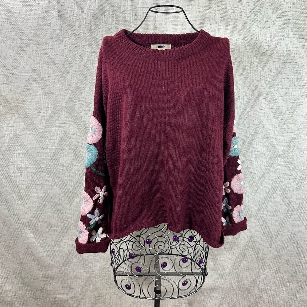 AMP burgundy sweater with floral crochet sleeves size M
